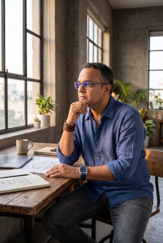 Baig Badiullah seated at an architectural work desk.