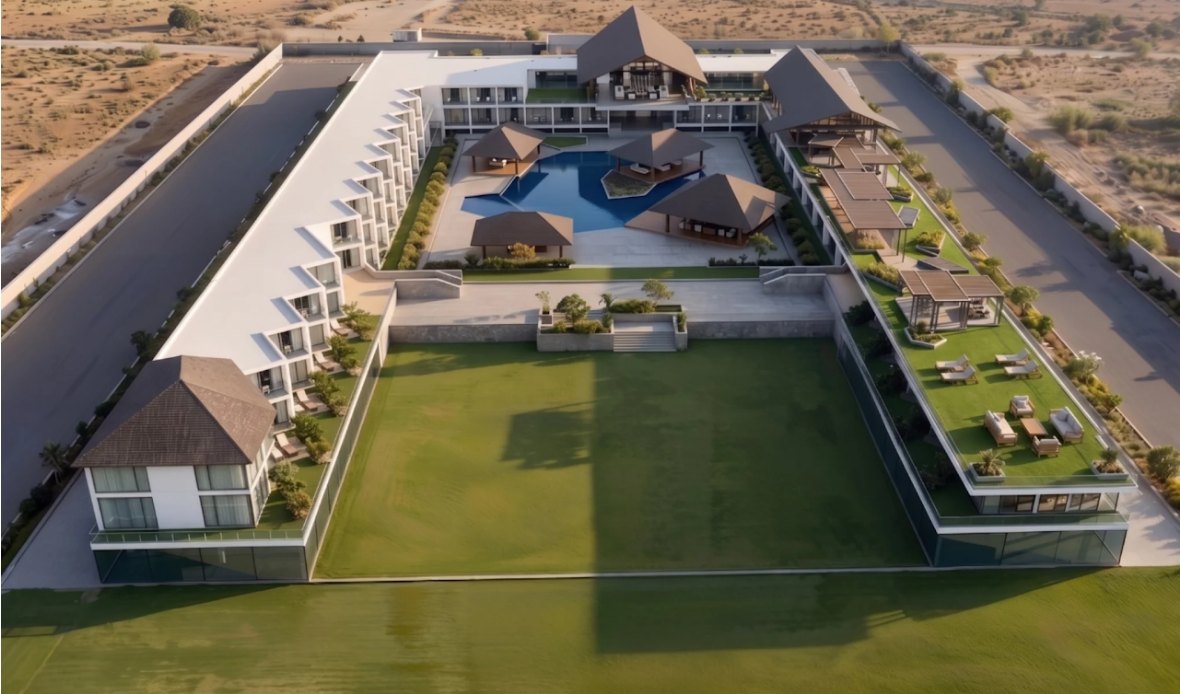 Beach resort in Vizag — aerial visualization of the resort courtyard and pool