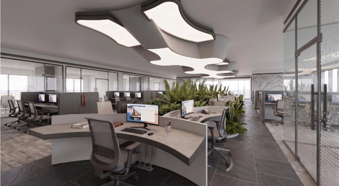 Corporate office interior — open workspace with sculpted ceiling lighting