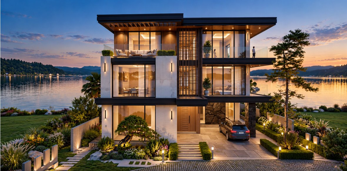 Lakeview Villa — dusk visualization by the lake