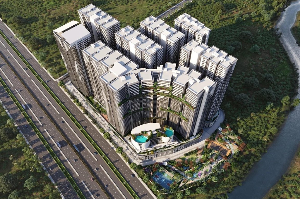 Aerial architectural visualization of the MoonGlade residential development in Narsingi, Hyderabad