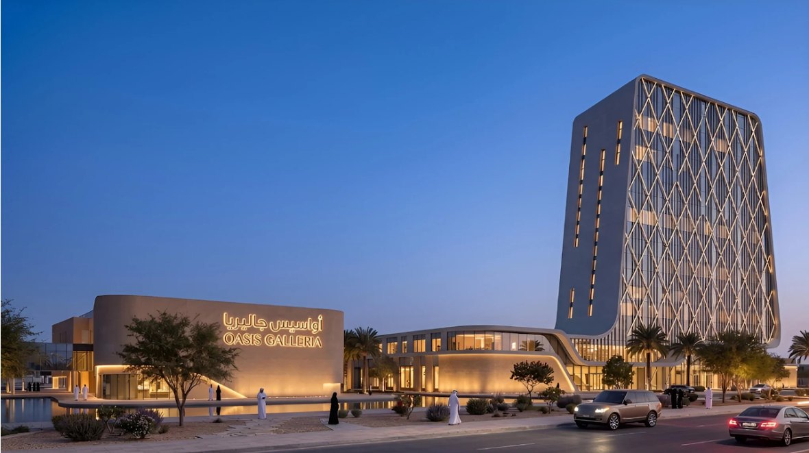 Oasis Galleria — dusk visualization of the galleria and tower