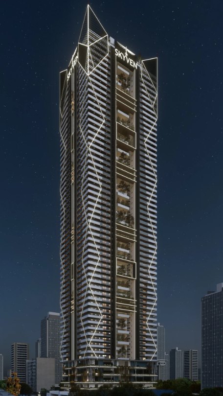 SKYVEN — architectural visualization of the illuminated residential tower in Kokapet, Hyderabad