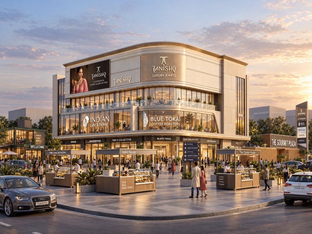 Warangal shopping and food court — evening visualization of the plaza